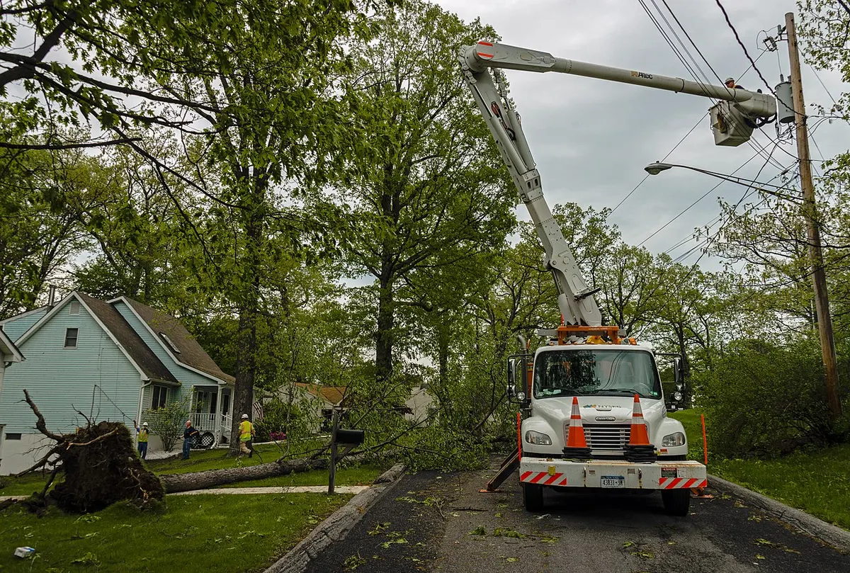 Utility crew working at the site of a downed tree after a storm